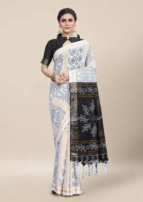White Printed Cotton Saree With Blouse 2