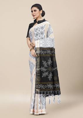 White Printed Cotton Saree With Blouse 3