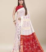 White Printed Cotton Saree With Blouse