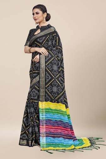 Black Printed Cotton Saree With Blouse