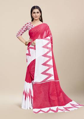 Red Printed Cotton Saree With Blouse 1
