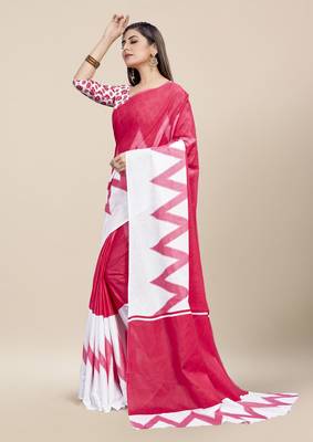 Red Printed Cotton Saree With Blouse 2