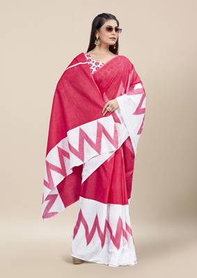 Red Printed Cotton Saree With Blouse 3