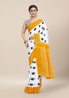 White Printed Cotton Saree With Blouse 1