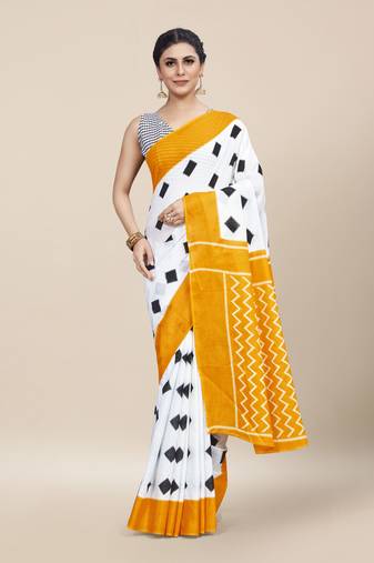 White Printed Cotton Saree With Blouse