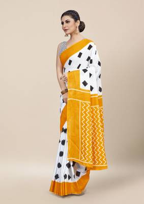 White Printed Cotton Saree With Blouse 2