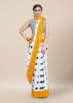 White Printed Cotton Saree With Blouse 3