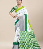 White Printed Cotton Saree With Blouse