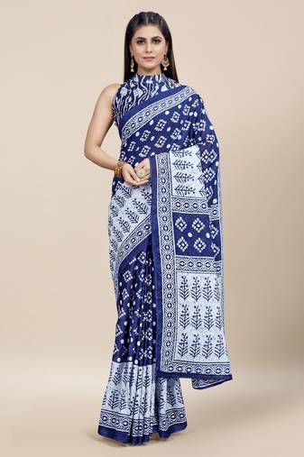 Blue Printed Cotton Saree With Blouse