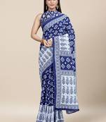 Blue Printed Cotton Saree With Blouse