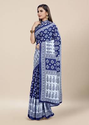 Blue Printed Cotton Saree With Blouse 2