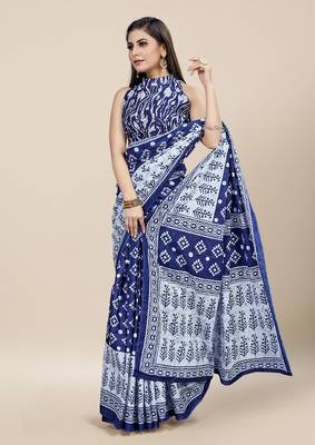 Blue Printed Cotton Saree With Blouse 3