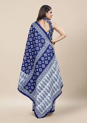 Blue Printed Cotton Saree With Blouse 4