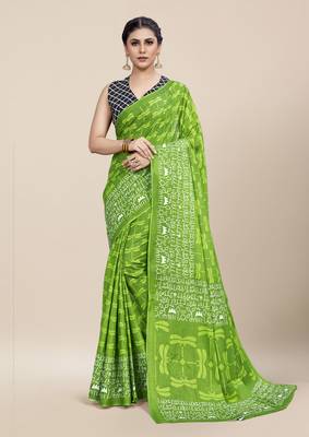 Green Printed Cotton Saree With Blouse 1