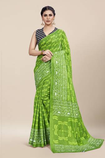 Green Printed Cotton Saree With Blouse