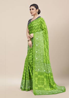 Green Printed Cotton Saree With Blouse 2