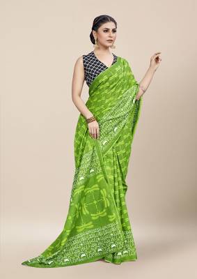 Green Printed Cotton Saree With Blouse 3