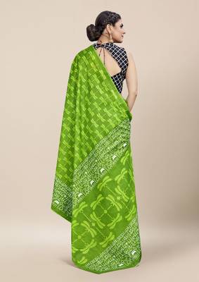 Green Printed Cotton Saree With Blouse 4