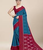 Turquoise Printed Cotton Saree With Blouse