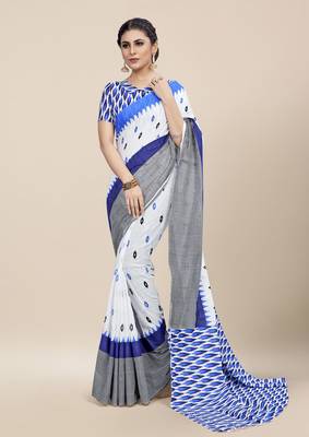 White Printed Cotton Saree With Blouse 1