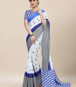 White Printed Cotton Saree With Blouse