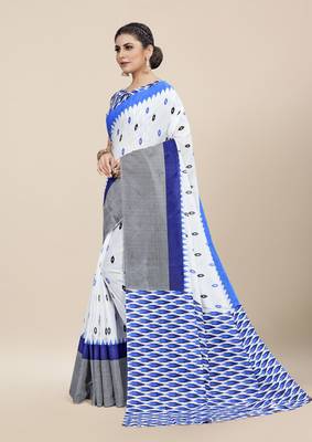 White Printed Cotton Saree With Blouse 2