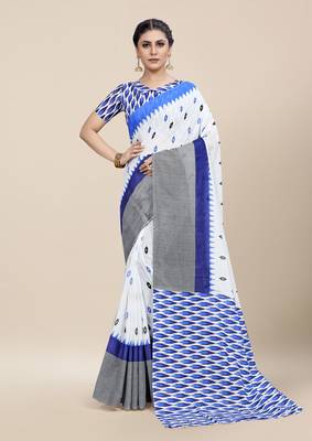 White Printed Cotton Saree With Blouse 3