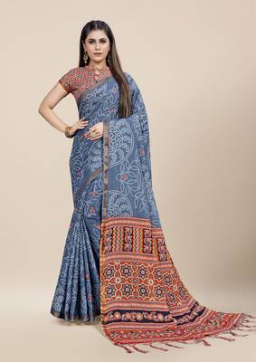Grey Printed Cotton Saree With Blouse 1