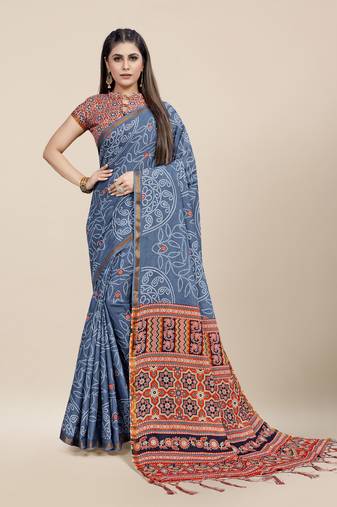 Grey Printed Cotton Saree With Blouse