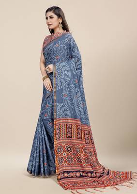 Grey Printed Cotton Saree With Blouse 2