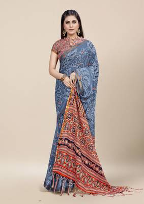 Grey Printed Cotton Saree With Blouse 3