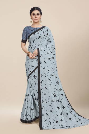 Grey Printed Cotton Saree With Blouse