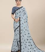 Grey Printed Cotton Saree With Blouse