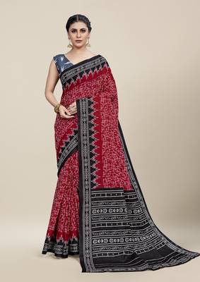 Red Printed Cotton Saree With Blouse 1