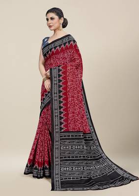 Red Printed Cotton Saree With Blouse 2