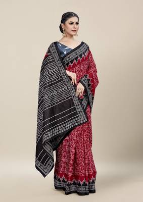 Red Printed Cotton Saree With Blouse 3