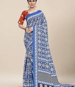 Blue Printed Cotton Saree With Blouse