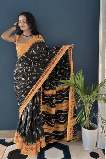 Black Printed Cotton Saree With Blouse