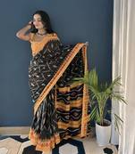Black Printed Cotton Saree With Blouse