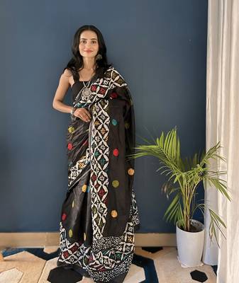 Black Printed Cotton Saree With Blouse 1