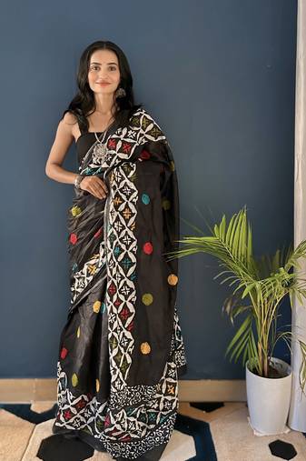 Black Printed Cotton Saree With Blouse