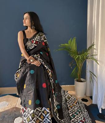 Black Printed Cotton Saree With Blouse 2