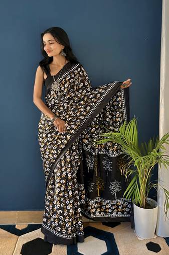 Black Printed Cotton Saree With Blouse