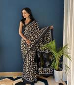 Black Printed Cotton Saree With Blouse