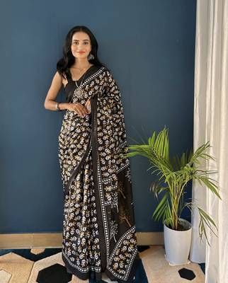 Black Printed Cotton Saree With Blouse 2