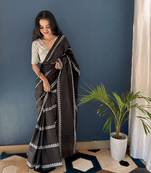Black Printed Cotton Saree With Blouse