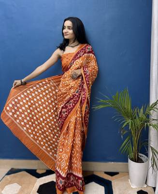 Mustard Printed Cotton Saree With Blouse 1