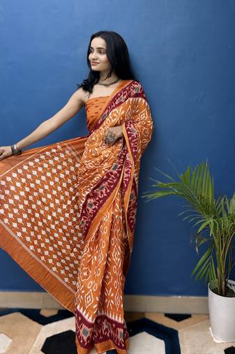Mustard Printed Cotton Saree With Blouse
