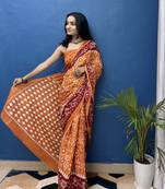 Mustard Printed Cotton Saree With Blouse