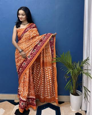 Mustard Printed Cotton Saree With Blouse 2